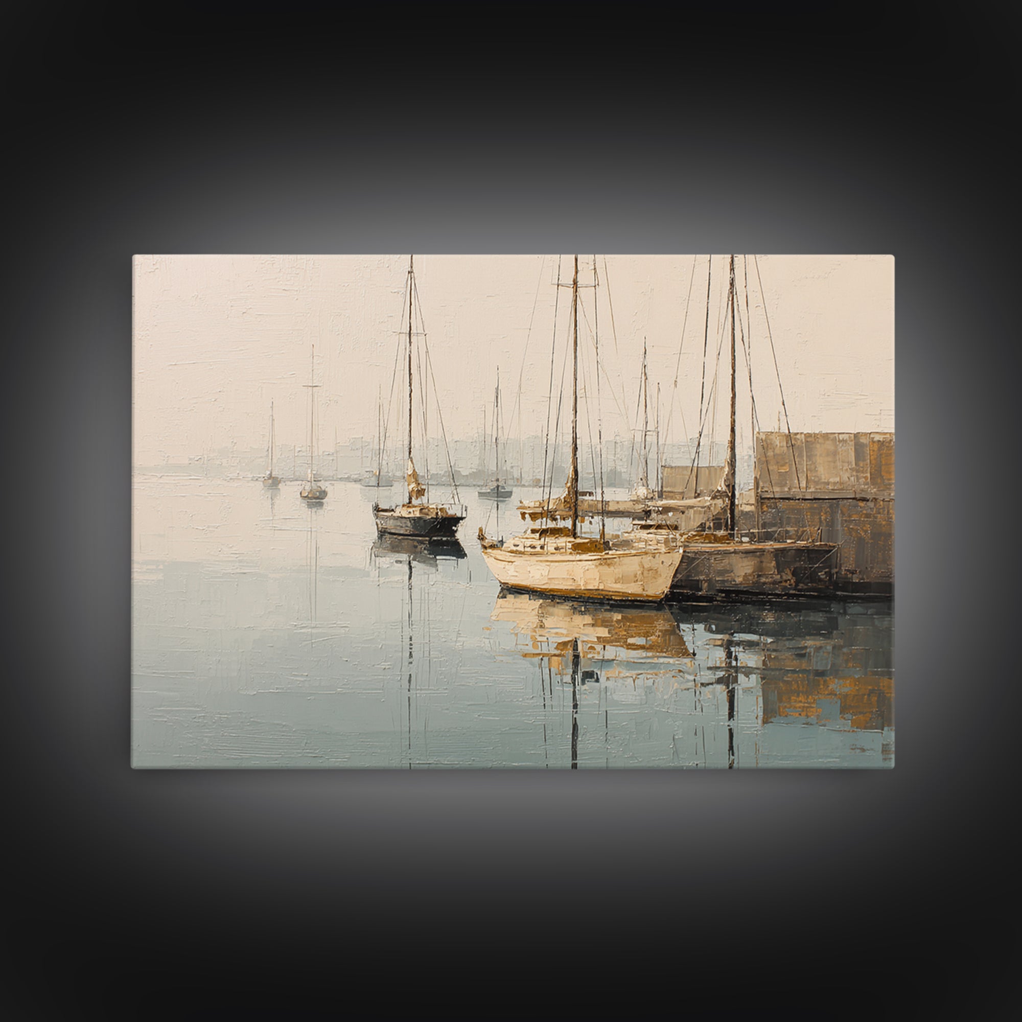 Quiet Harbor with Sailboats at Dawn Framed Canvas Print, Hotel Art, Mid Century Modern, Hotel Decor, Fine Art, Boutique, HOT-3x2-2