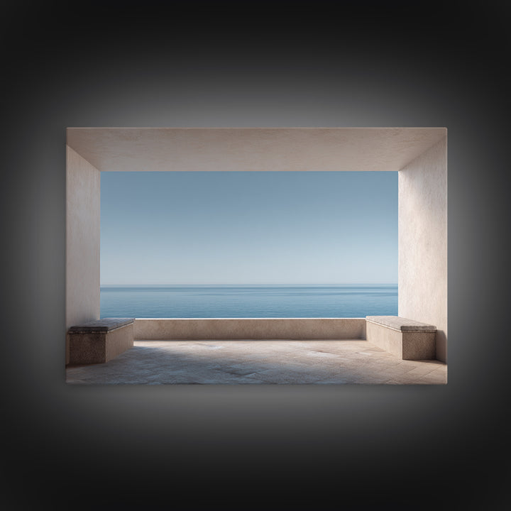Mediterranean Terrace View Focused on Sea and Framed Canvas Print, Hotel Art, Contemporary Art, Hotel Decor, Fine Art, Boutique, HOT-3x2-39