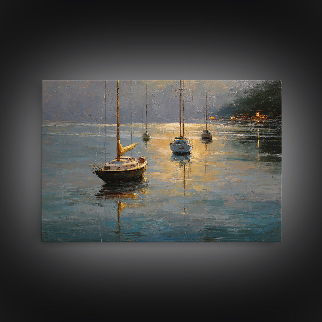 Quiet Harbor with Sailboats at Dawn Framed Canvas Print, Hotel Art, Coastal Wall Art, Hotel Decor, Oil Painting, Boutique, HOT-3x2-50