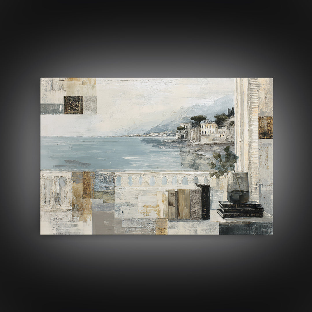 Mediterranean Terrace View Focused on Sea and Framed Canvas Print, Hotel Art, Coastal Decor, Hotel Decor, Fine Art, Boutique, HOT-3x2-63