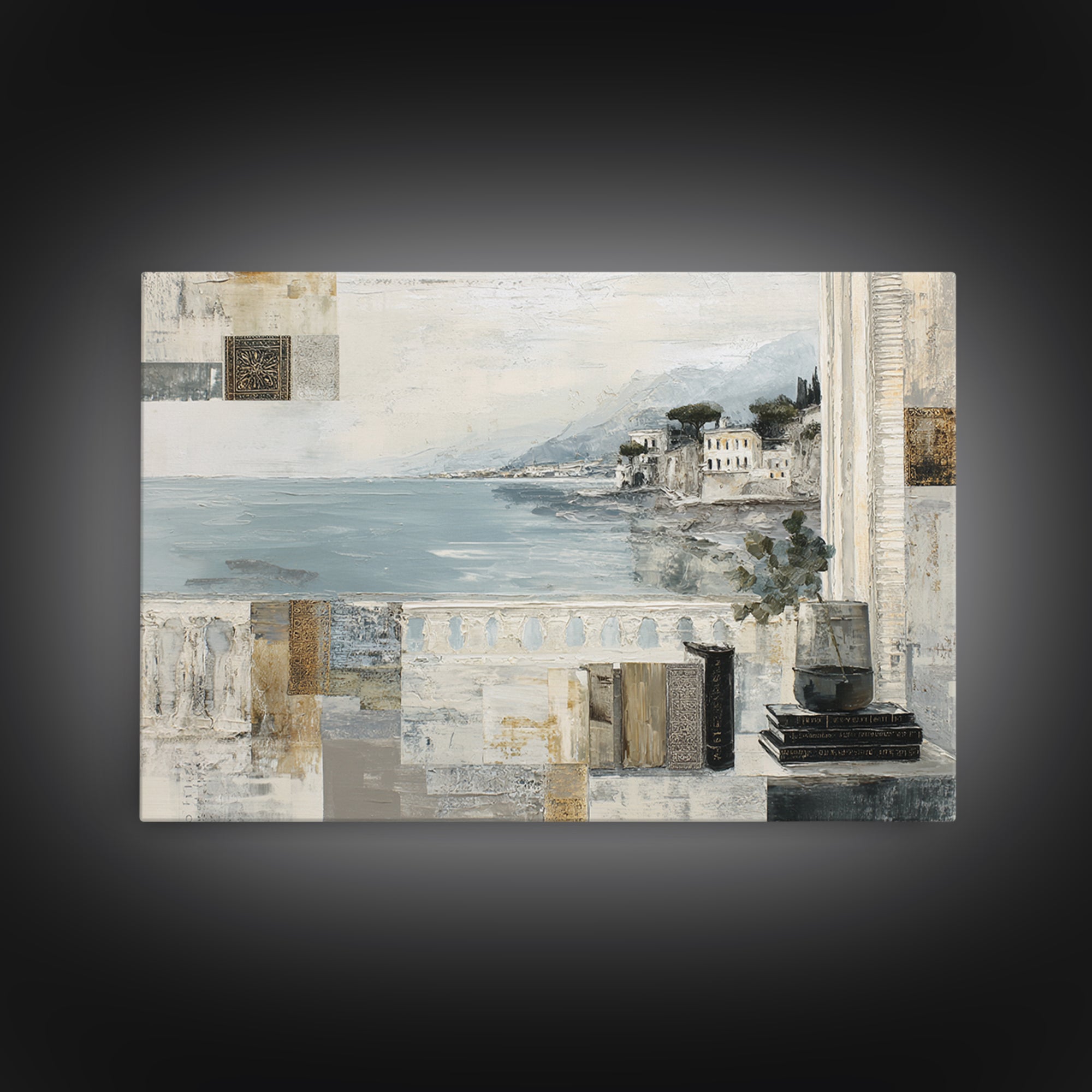Mediterranean Terrace View Focused on Sea and Framed Canvas Print, Hotel Art, Coastal Decor, Hotel Decor, Fine Art, Boutique, HOT-3x2-63