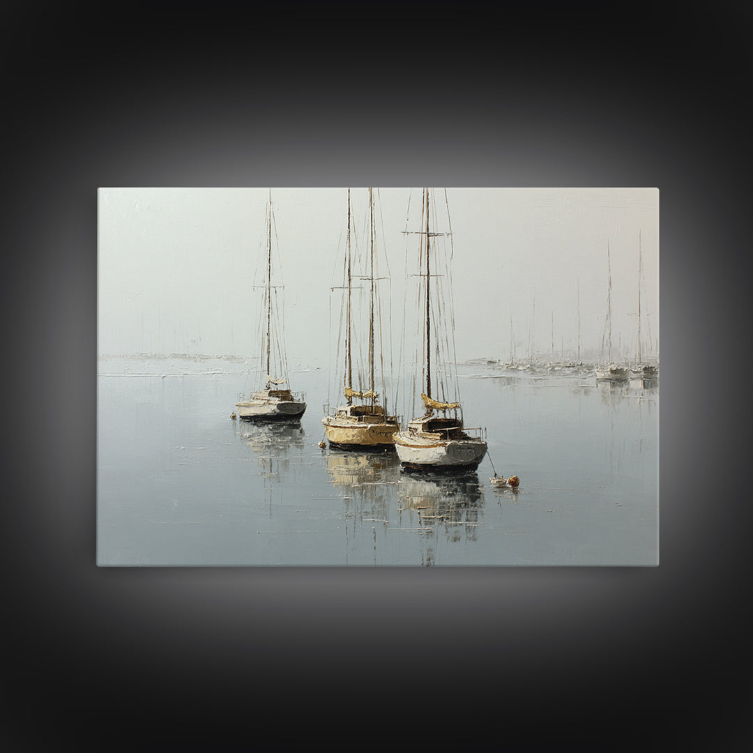 Quiet Harbor with Sailboats at Dawn Framed Canvas Print, Hotel Art, Coastal Wall Art, Hotel Decor, Oil Painting, Boutique, HOT-3x2-74