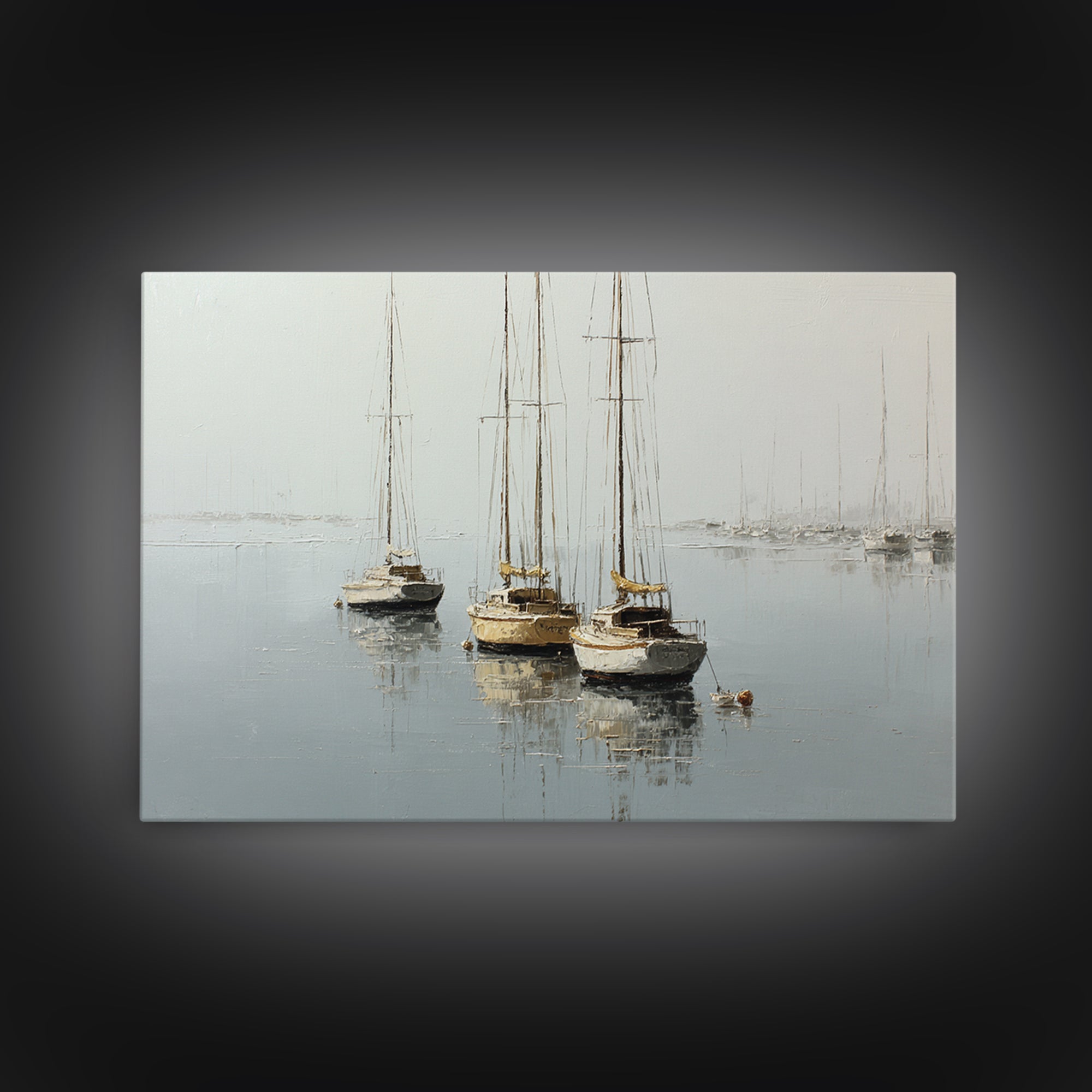 Quiet Harbor with Sailboats at Dawn Framed Canvas Print, Hotel Art, Coastal Wall Art, Hotel Decor, Oil Painting, Boutique, HOT-3x2-74
