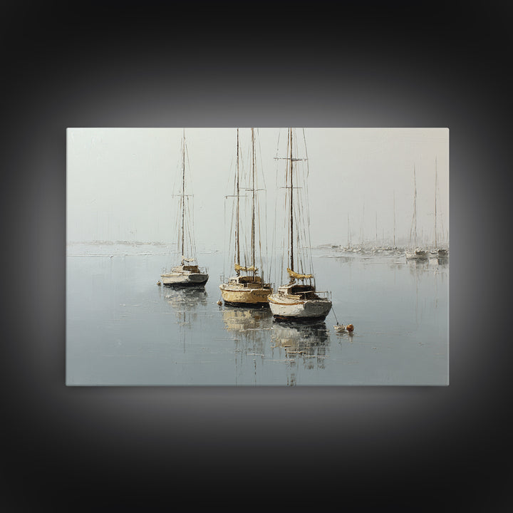 Quiet Harbor with Sailboats at Dawn Framed Canvas Print, Hotel Art, Coastal Wall Art, Hotel Decor, Oil Painting, Boutique, HOT-3x2-74
