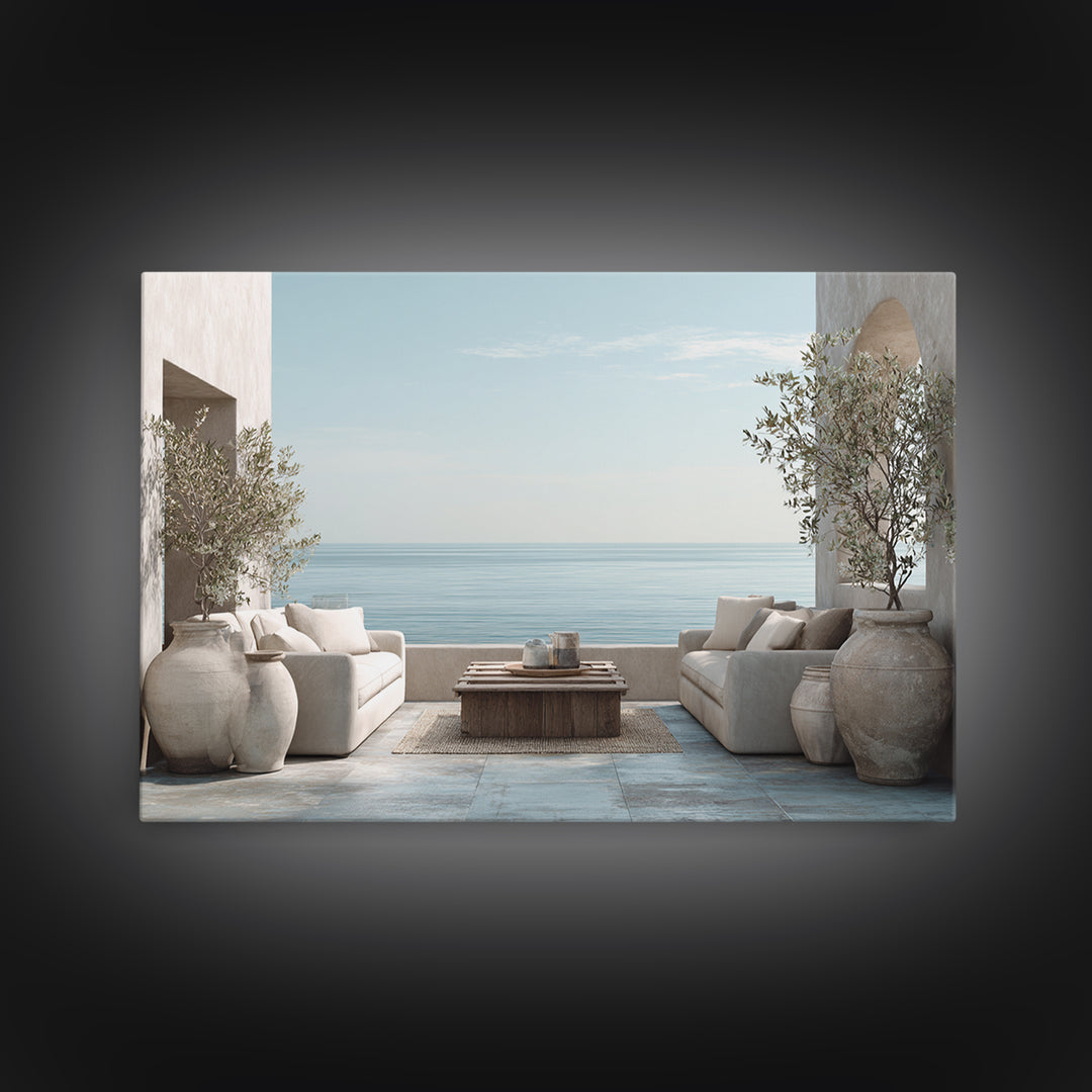 Mediterranean Terrace View Focused on Sea and Framed Canvas Print, Hotel Art, Poster, Hotel Decor, Fine Art, Boutique, HOT-3x2-87