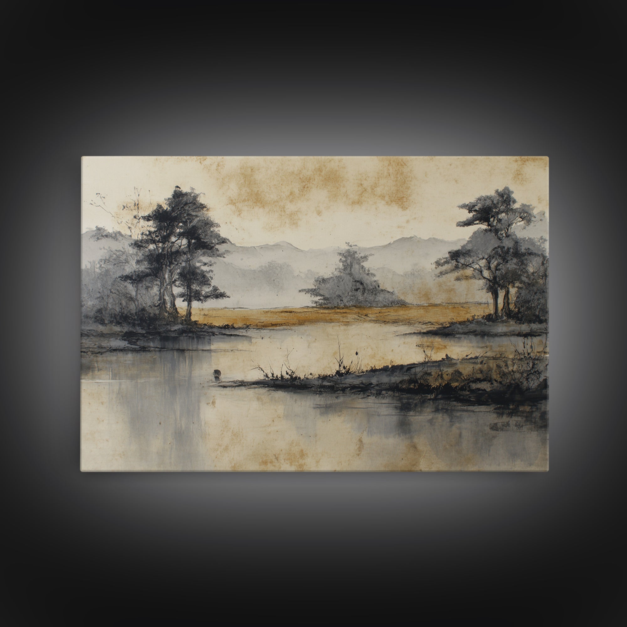 Japanese Ink Landscape Canvas Print, Hotel Art, Beach Prints, Hotel Decor, Fine Art, Boutique, Room Decor, Textured Painting, HOT-3x2-94