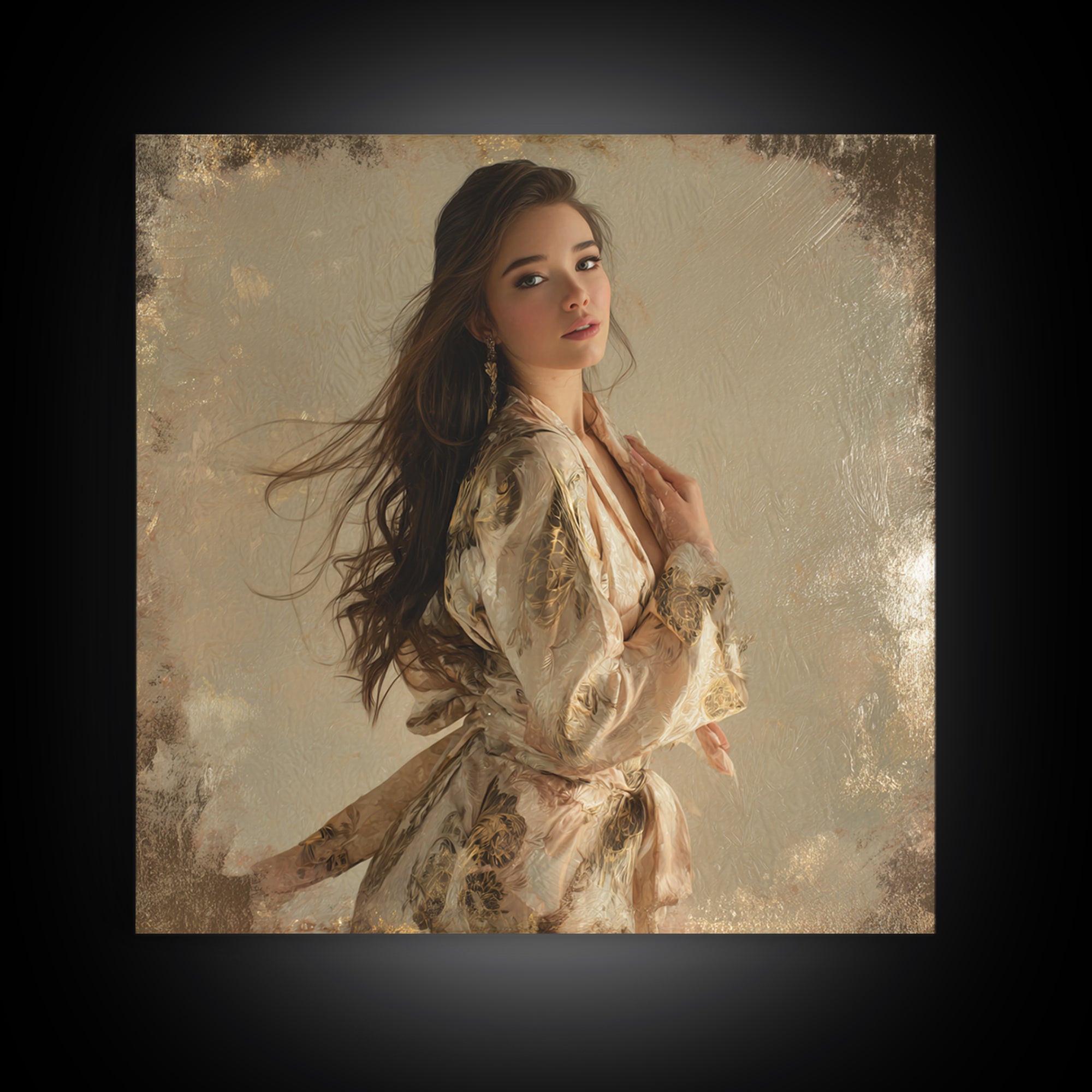 Fashion Portrait with Flowing Glossy Hair Canvas Print, Hair Salon Art, Neutral Decor, Living Room Decor, Oil Painting, Style, HSA-1x1-25