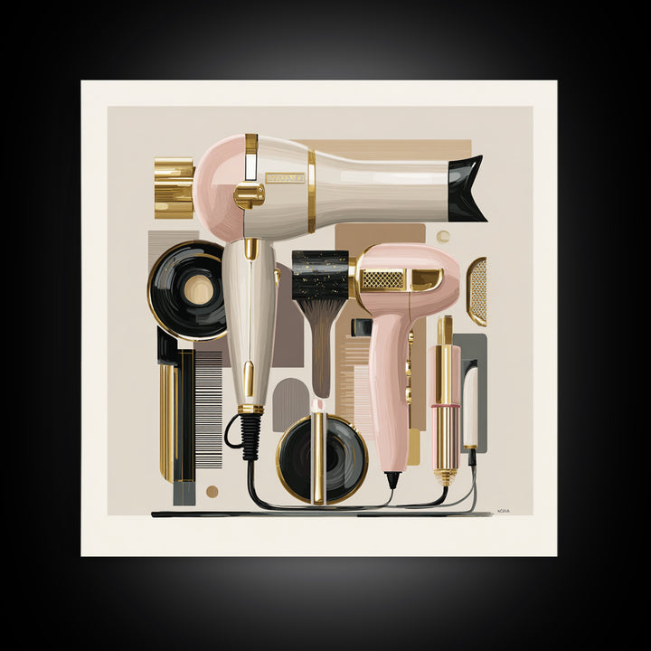 Hairdryer and Brush Framed Canvas Print, Hair Salon Art, Fine Art Print, Living Room Decor, Abstract Art, Style, Wall Decor, HSA-1x1-33
