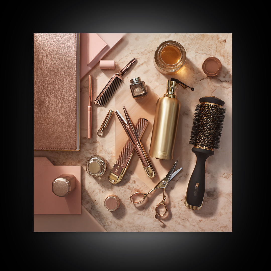 Rose Gold Salon Tool Still Life Framed Canvas Print, Hair Salon Art, Hairdresser Gift, Living Room Decor, Fine Art, Style, HSA-1x1-62