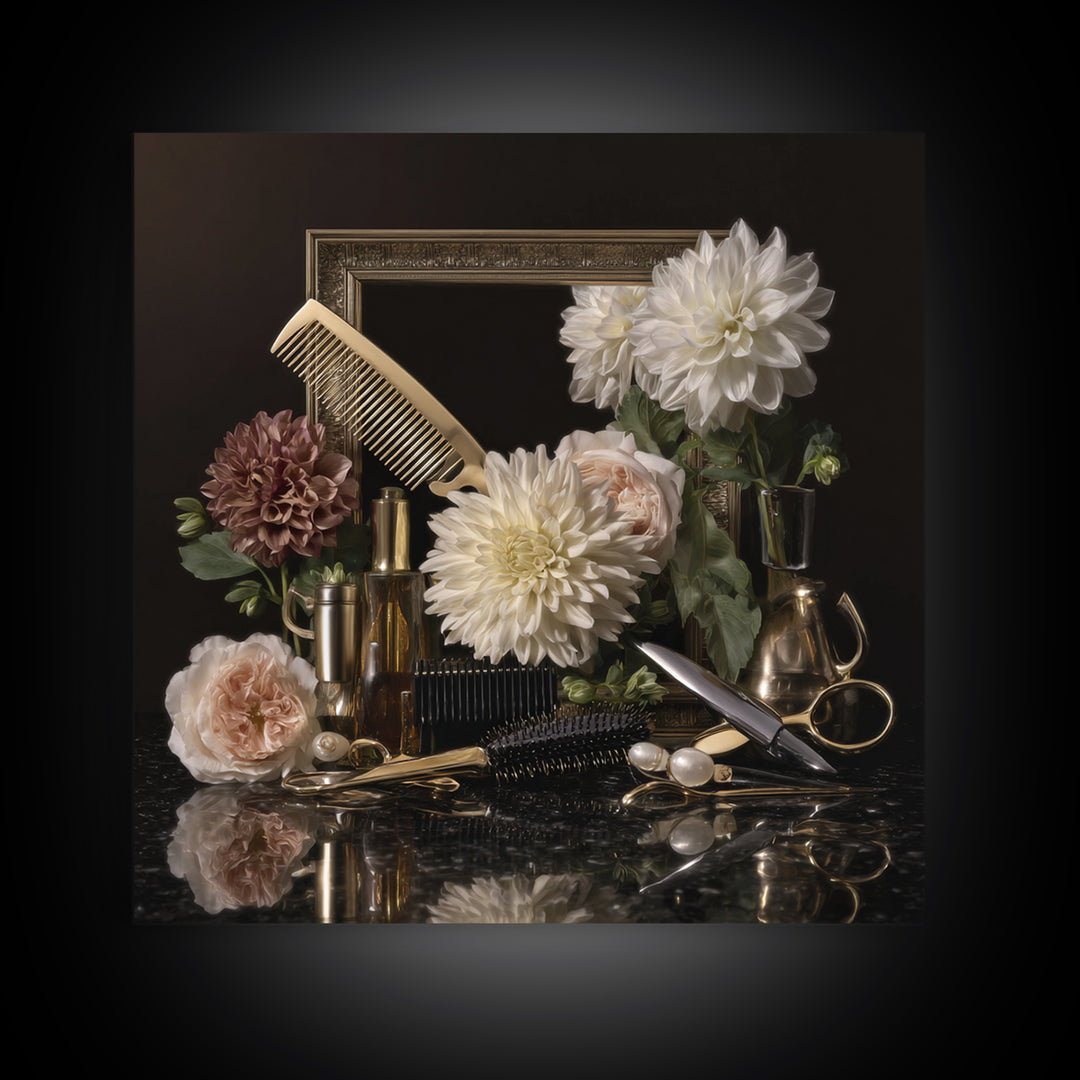 Baroque Mirror and Comb Still Life Framed Canvas Print, Hair Salon Art, Home Decor, Living Room Decor, Fine Art, Style, HSA-1x1-65