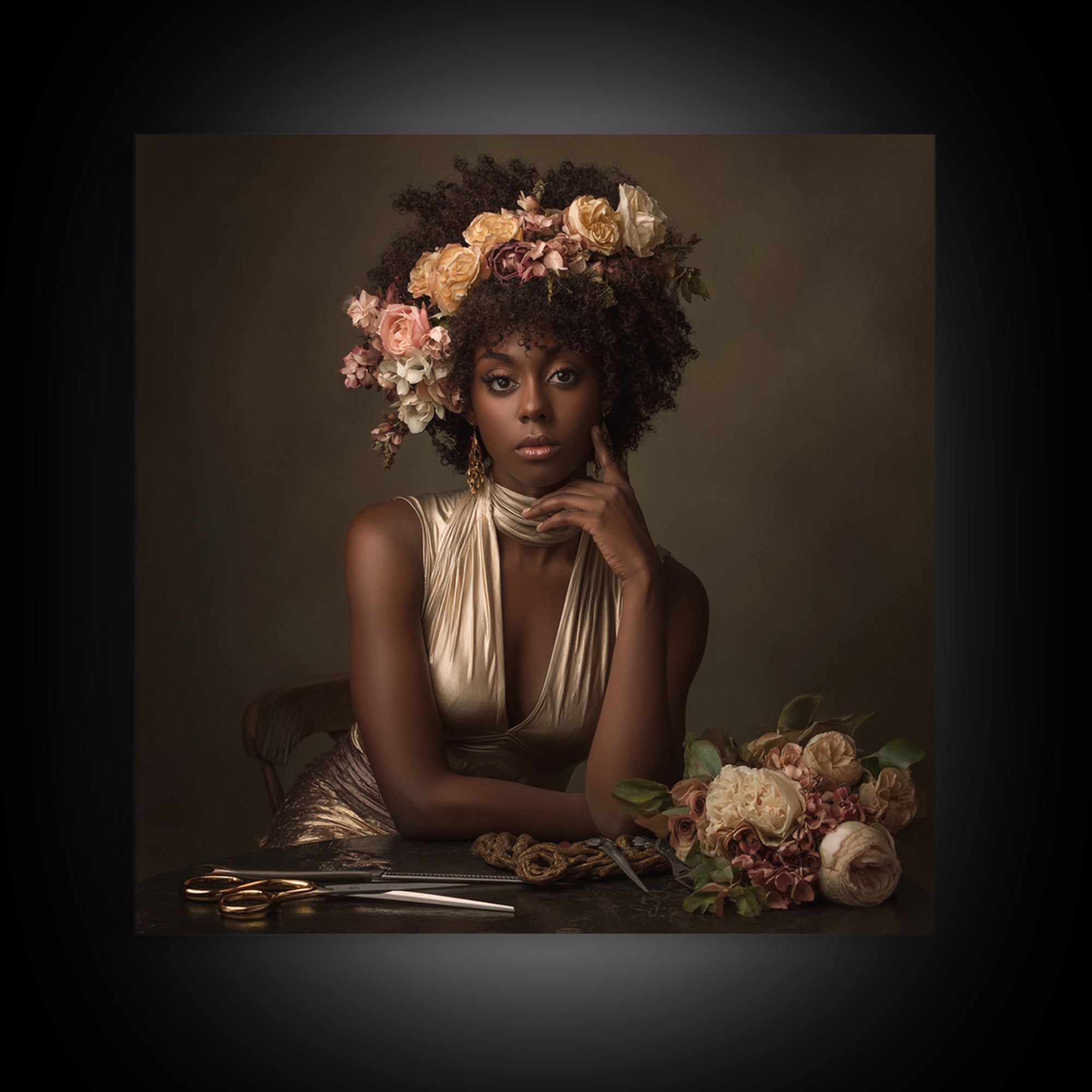 Afro Hair Portrait Framed Canvas Print, Hair Salon Art, Black Woman Wall Art, Living Room Decor, Oil Painting, Style, HSA-1x1-68