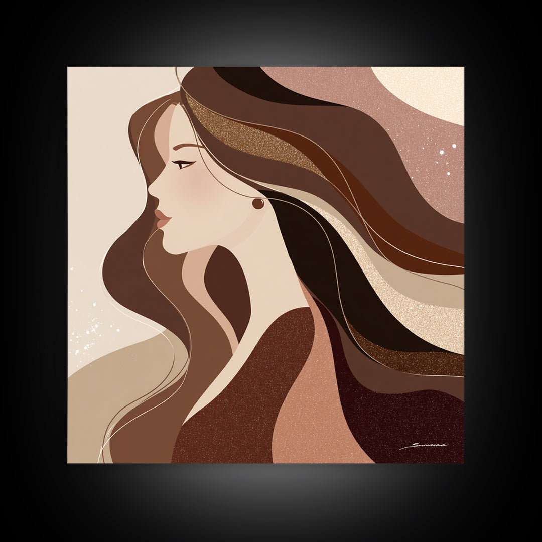 Fashion Portrait with Flowing Glossy Hair Framed Canvas Print, Hair Salon Art, Luxury Decor, Living Room Decor, Fine Art, Style, HSA-1x1-73