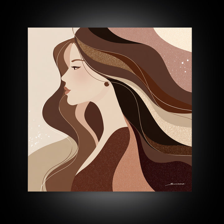 Fashion Portrait with Flowing Glossy Hair Framed Canvas Print, Hair Salon Art, Luxury Decor, Living Room Decor, Fine Art, Style, HSA-1x1-73