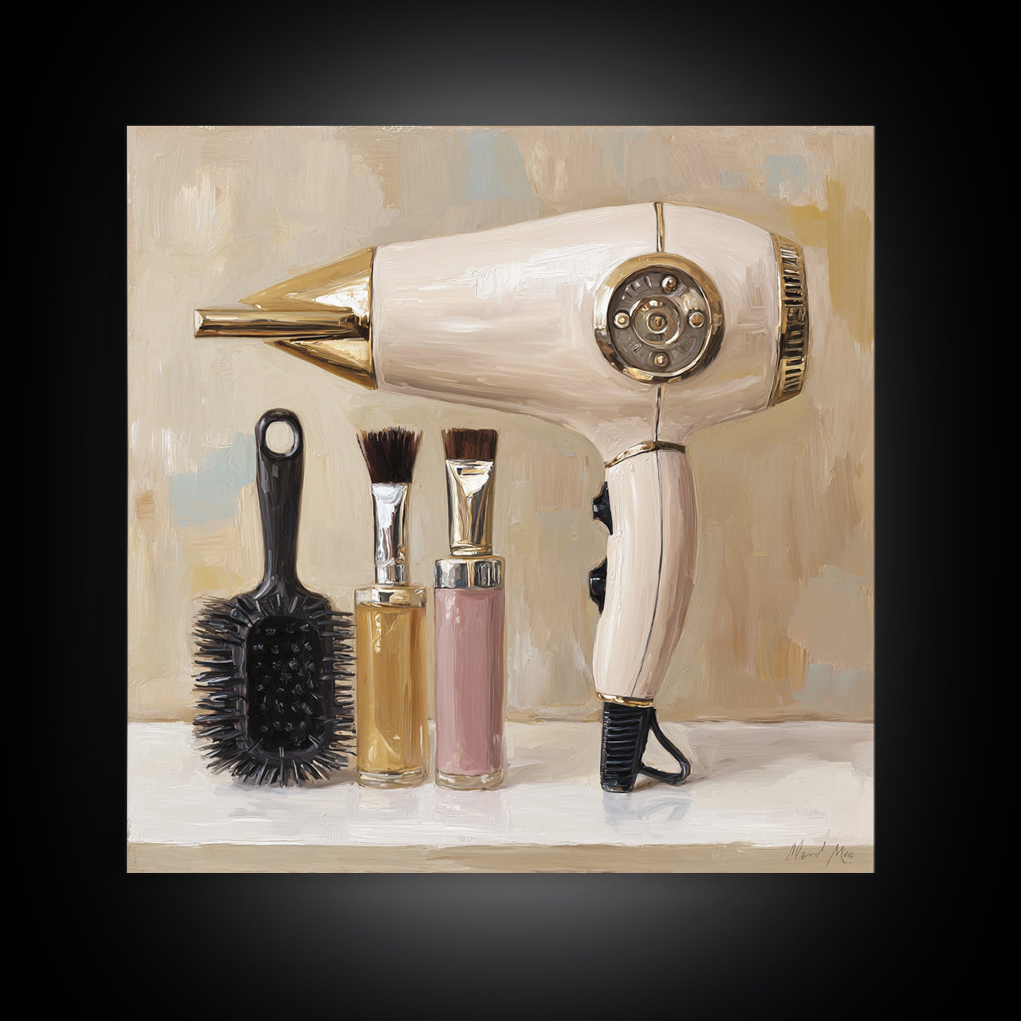 Hairdryer and Brush Canvas Print, Hair Salon Art, Textured Painting, Living Room Decor, Style, Black Art, Printable Art, HSA-1x1-81