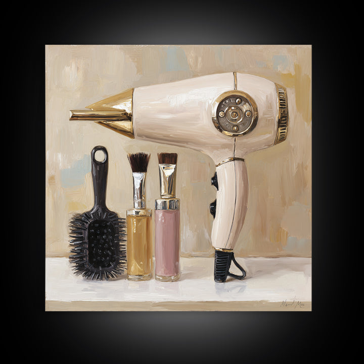Hairdryer and Brush Canvas Print, Hair Salon Art, Textured Painting, Living Room Decor, Style, Black Art, Printable Art, HSA-1x1-81