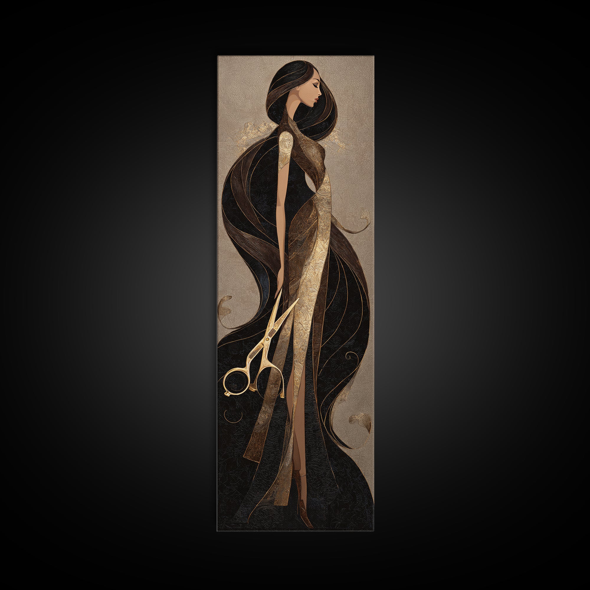 Luxury Black and Gold Beauty Emblem Canvas Print, Hair Salon Art, Statement Artwork, Living Room Decor, Oil Painting, Style, HSA-1x3-12