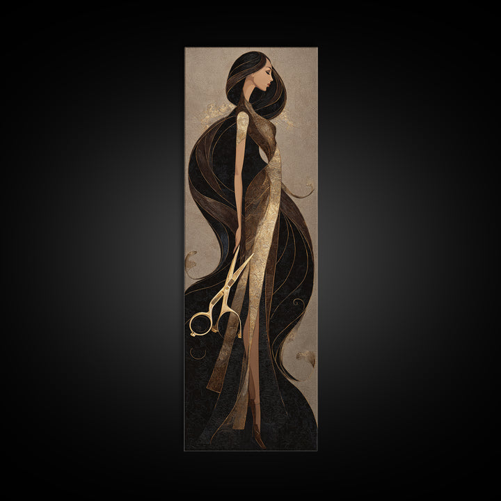Luxury Black and Gold Beauty Emblem Canvas Print, Hair Salon Art, Statement Artwork, Living Room Decor, Oil Painting, Style, HSA-1x3-12