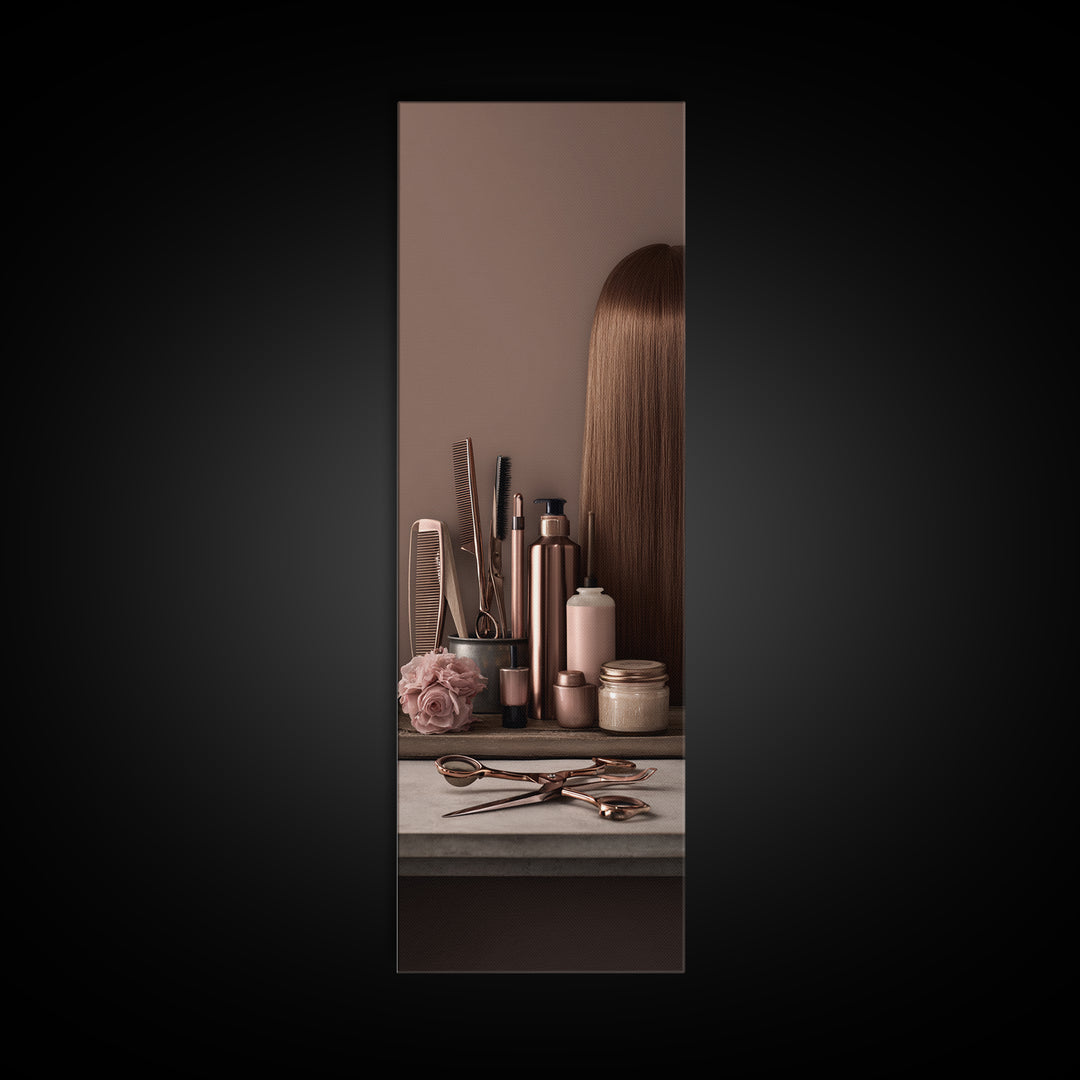 Rose Gold Salon Tool Still Life Canvas Print, Hair Salon Art, Afrocentric Art, Living Room Decor, Style, Statement Artwork, HSA-1x3-2