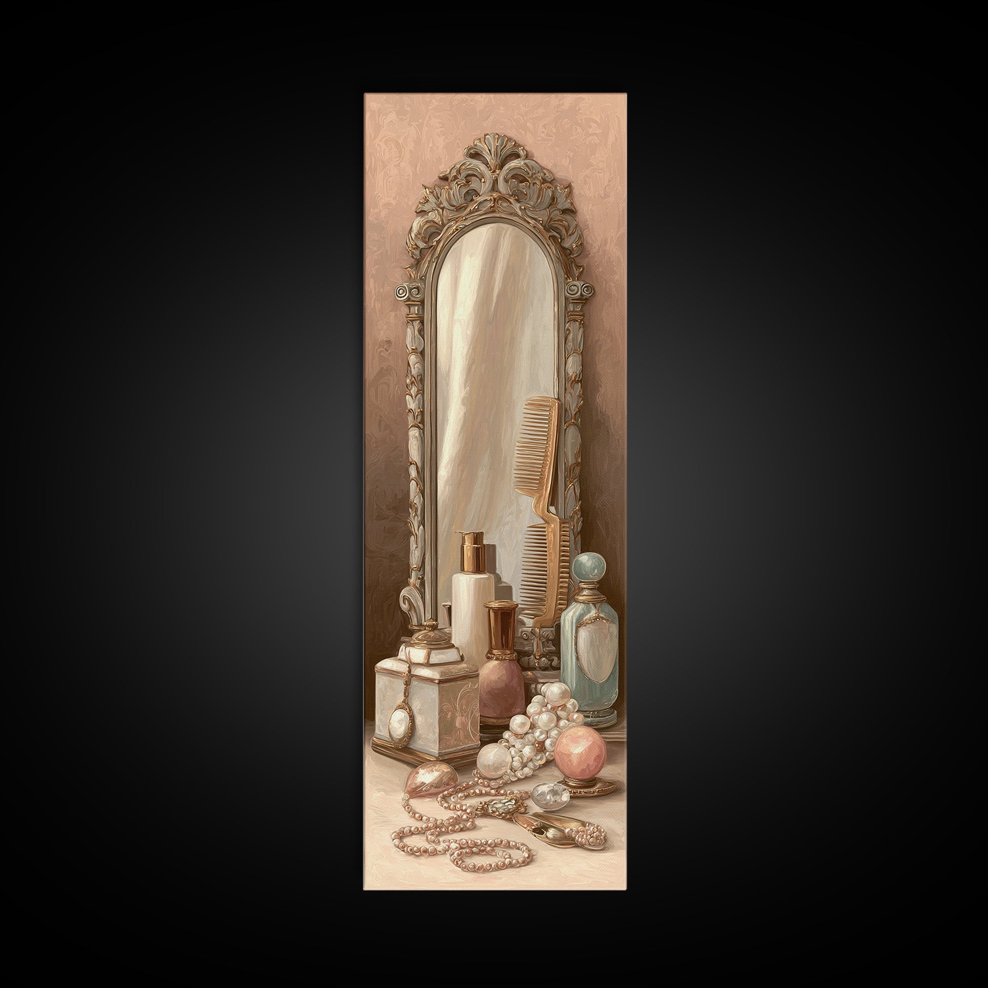 Baroque Mirror and Comb Still Life Framed Canvas Print, Hair Salon Art, Neutral Decor, Living Room Decor, Fine Art, Style, HSA-1x3-29