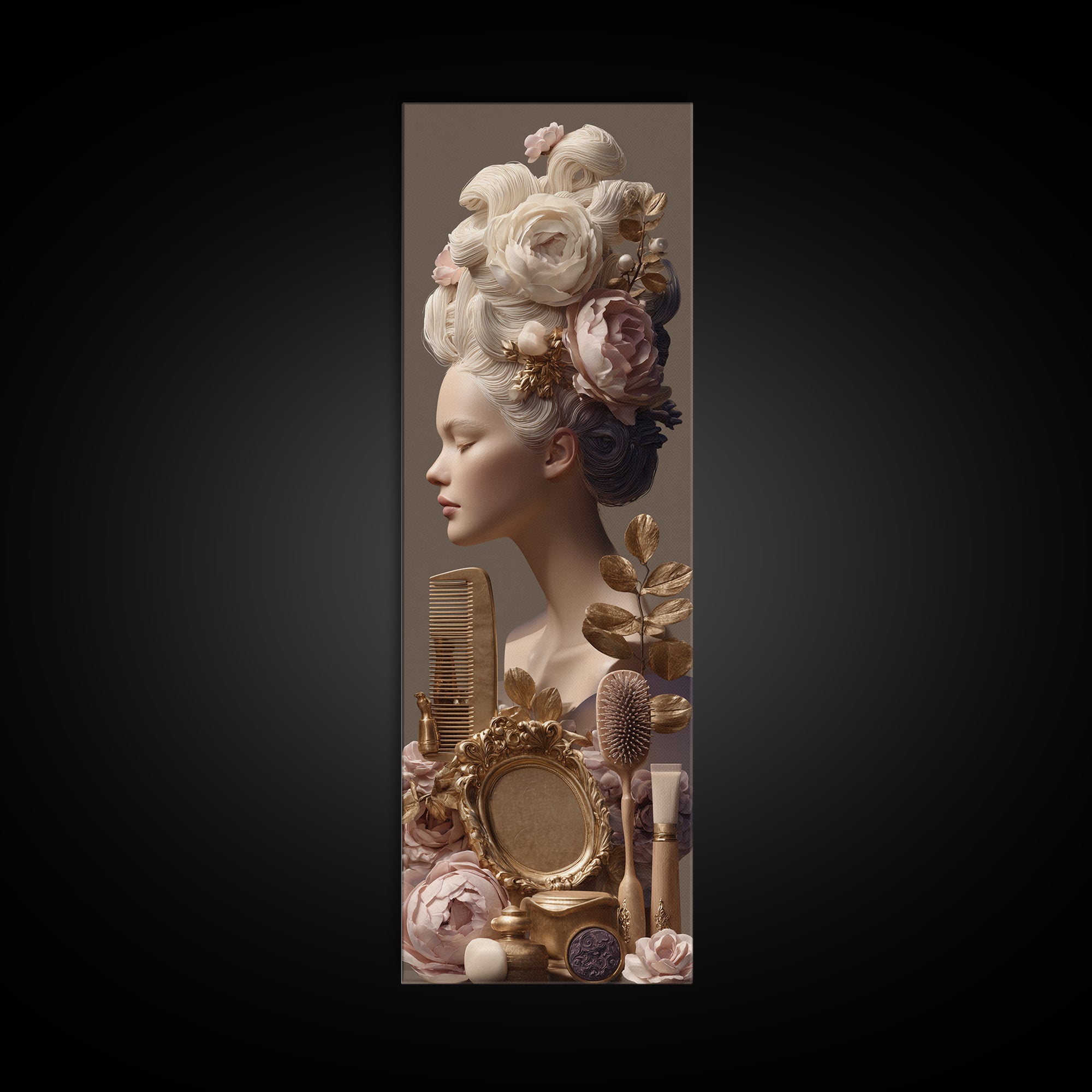 Baroque Mirror and Comb Still Life Canvas Print, Hair Salon Art, Hairdresser Gift, Living Room Decor, Fine Art, Style, HSA-1x3-5