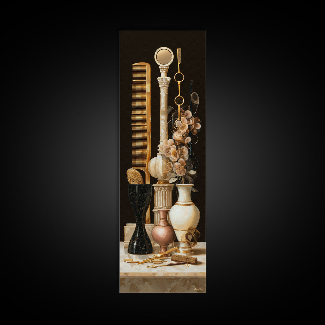 Baroque Mirror and Comb Still Life Framed Canvas Print, Hair Salon Art, Neutral Decor, Living Room Decor, Fine Art, Style, HSA-1x3-53