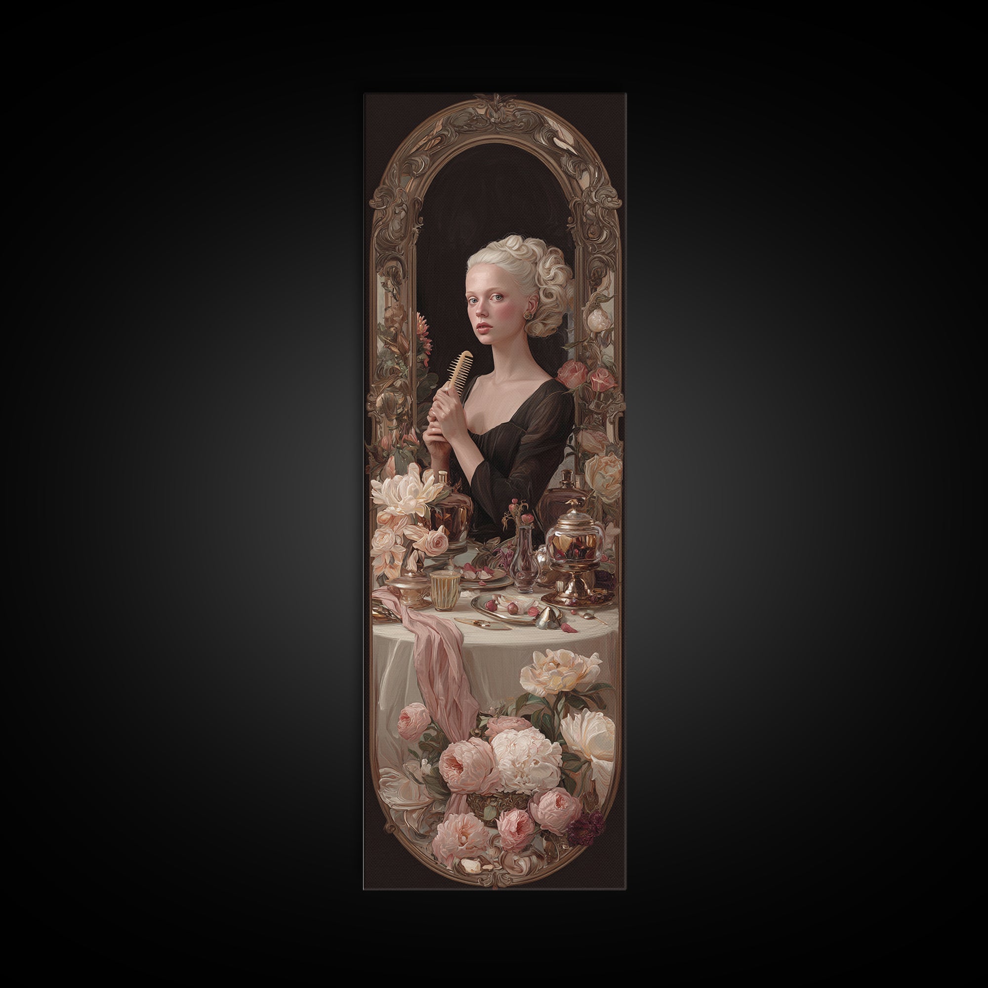 Baroque Mirror and Comb Still Life Canvas Print, Hair Salon Art, Luxury Decor, Living Room Decor, Fine Art, Style, HSA-1x3-77
