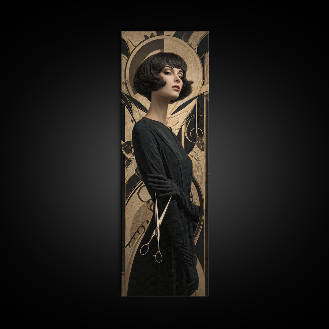 Woman with Dramatic Bob Haircut in Art Canvas Print, Hair Salon Art, African Art, Living Room Decor, Oil Painting, Style, HSA-1x3-88