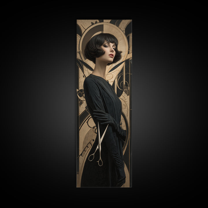 Woman with Dramatic Bob Haircut in Art Canvas Print, Hair Salon Art, African Art, Living Room Decor, Oil Painting, Style, HSA-1x3-88