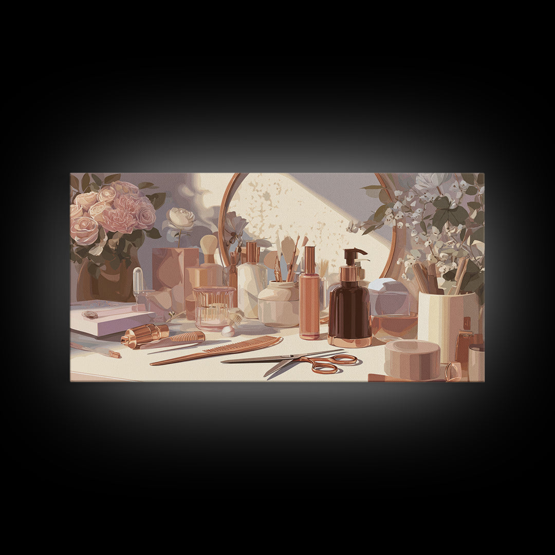 Rose Gold Salon Tool Still Life Framed Canvas Print, Hair Salon Art, Luxury Decor, Living Room Decor, Fine Art, Style, HSA-2x1-10