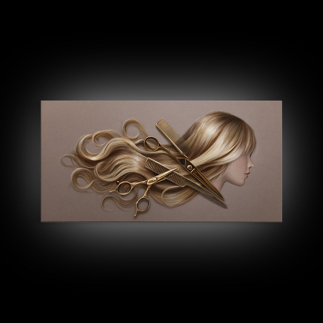 Luxury Black and Gold Beauty Emblem Framed Canvas Print, Hair Salon Art, Fine Art Print, Living Room Decor, Fine Art, Style, HSA-2x1-20
