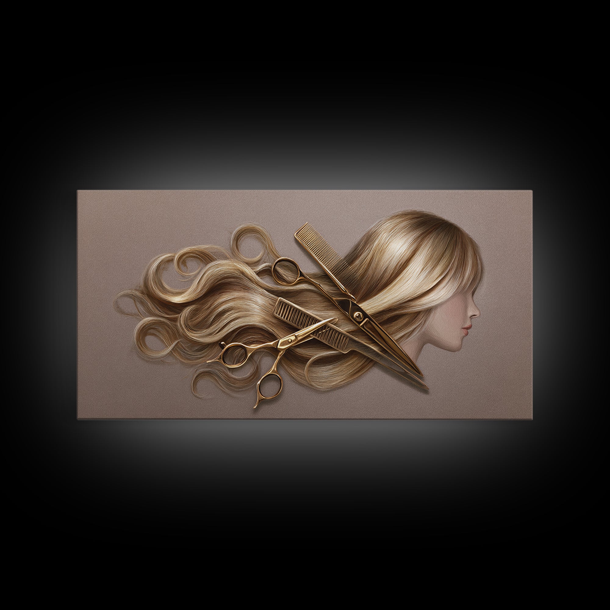 Luxury Black and Gold Beauty Emblem Framed Canvas Print, Hair Salon Art, Fine Art Print, Living Room Decor, Fine Art, Style, HSA-2x1-20