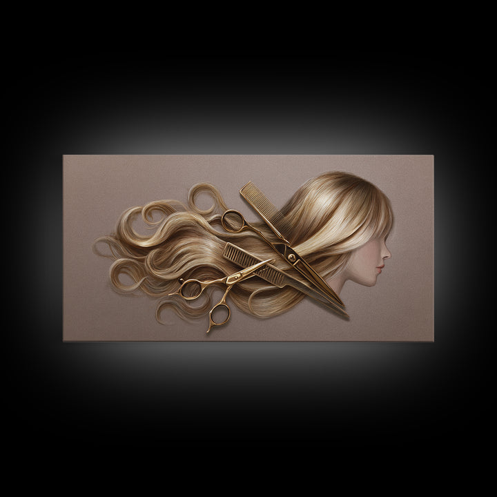 Luxury Black and Gold Beauty Emblem Framed Canvas Print, Hair Salon Art, Fine Art Print, Living Room Decor, Fine Art, Style, HSA-2x1-20