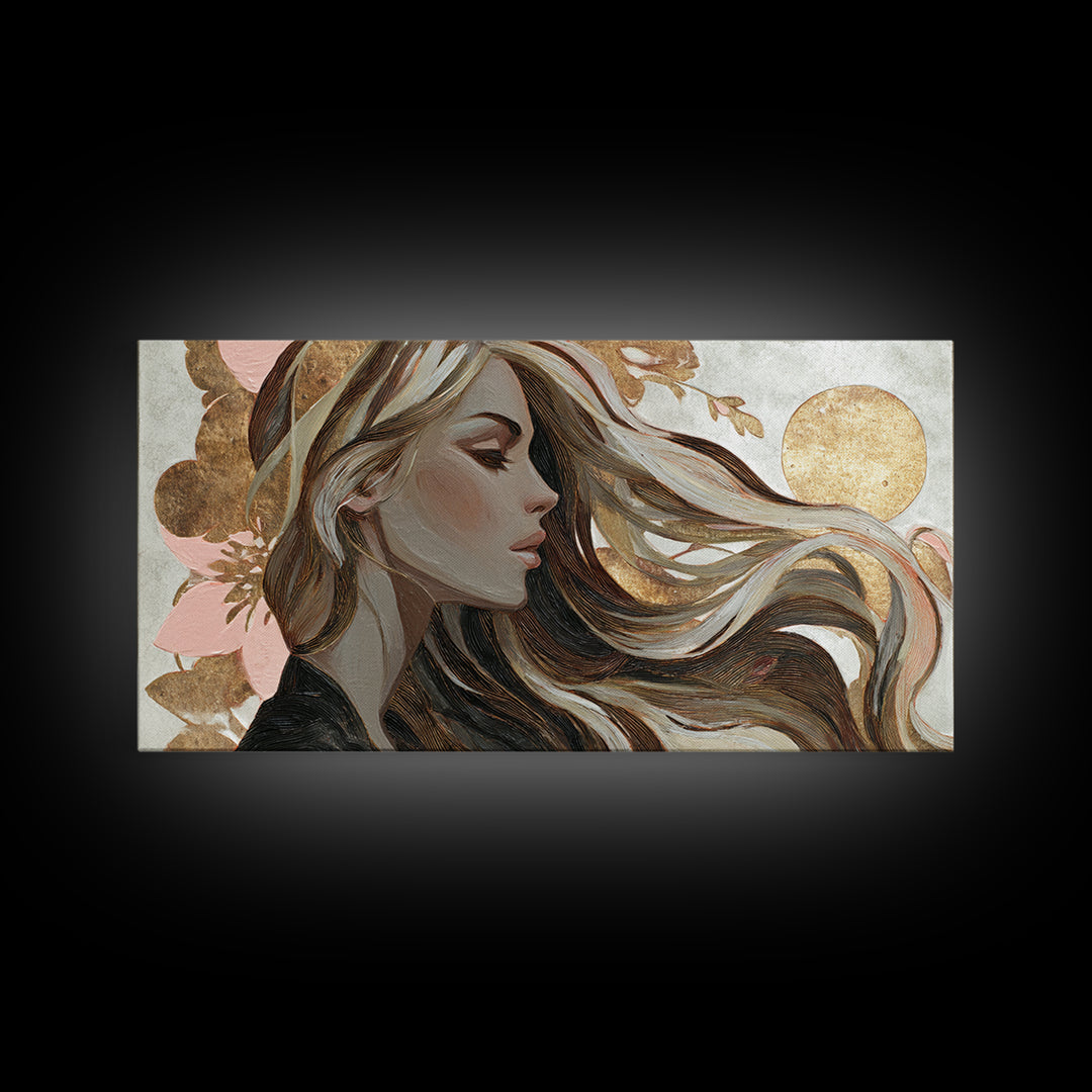 Fashion Portrait with Flowing Glossy Hair Canvas Print, Hair Salon Art, Wall Art, Living Room Decor, Fine Art, Style, HSA-2x1-21