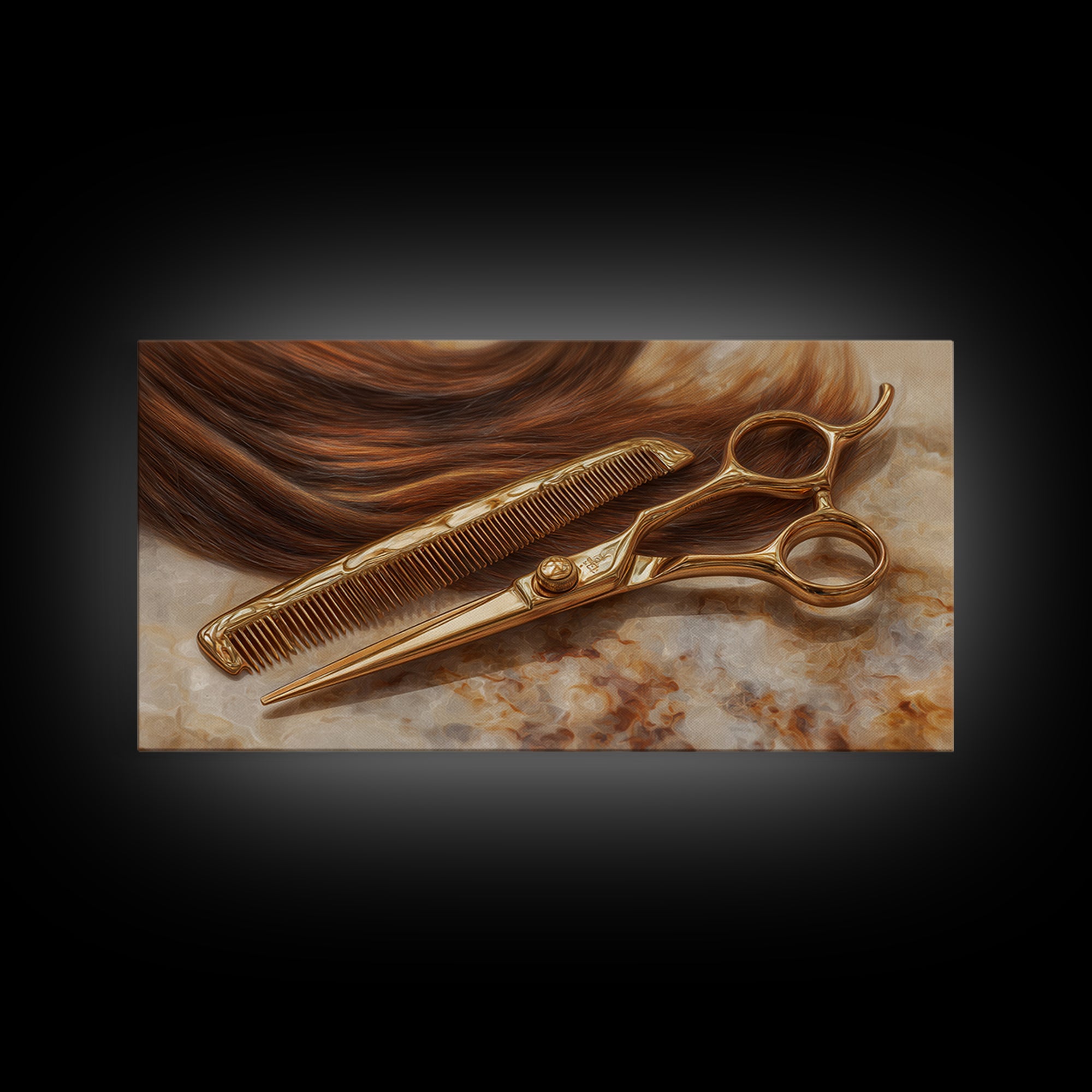 Gold Scissors and Comb Still Life on Canvas Print, Hair Salon Art, Statement Artwork, Living Room Decor, Fine Art, Style, HSA-2x1-22