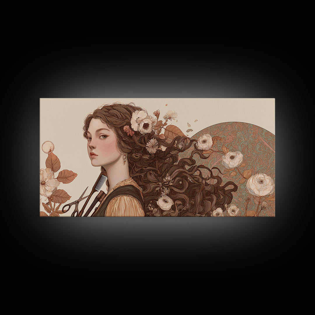 Botanical Hairstyle Portrait Canvas Print, Hair Salon Art, Boho Decor, Living Room Decor, Fine Art, Style, Art Print, HSA-2x1-26