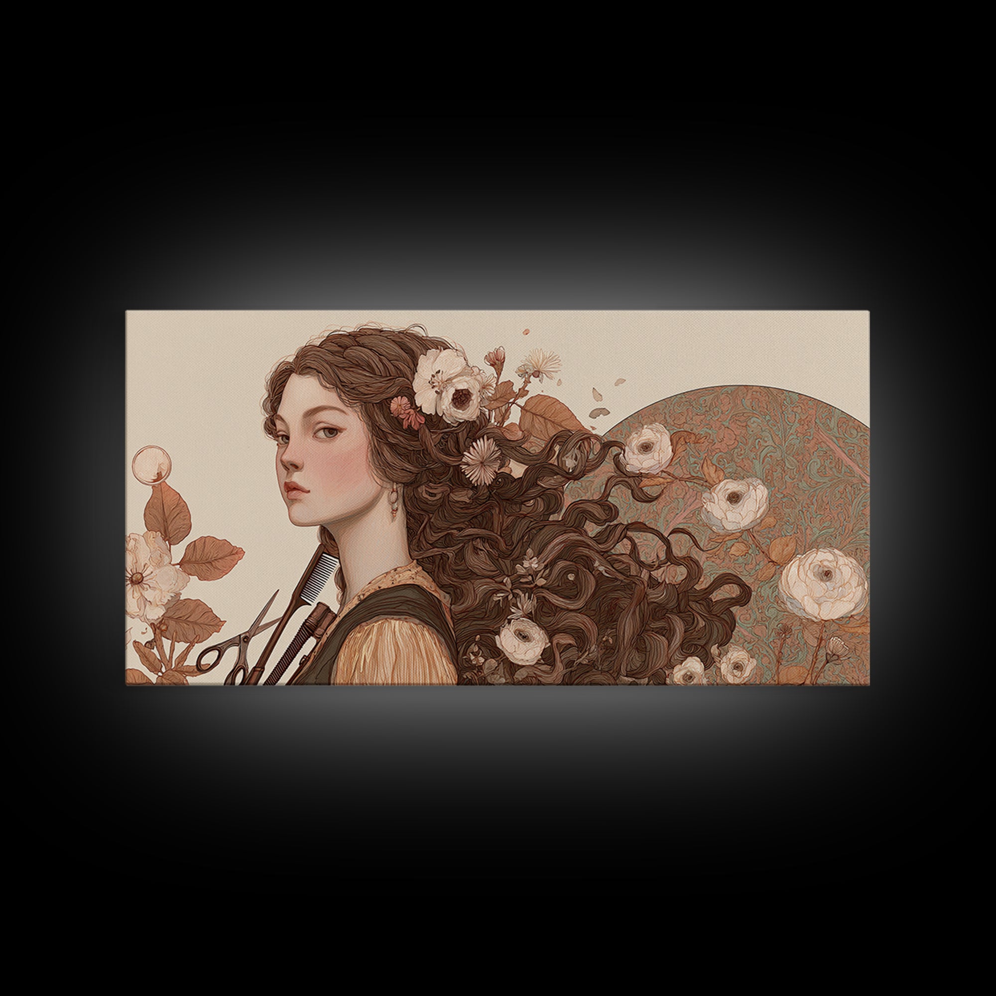 Botanical Hairstyle Portrait Canvas Print, Hair Salon Art, Boho Decor, Living Room Decor, Fine Art, Style, Art Print, HSA-2x1-26