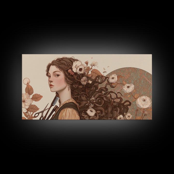 Botanical Hairstyle Portrait Canvas Print, Hair Salon Art, Boho Decor, Living Room Decor, Fine Art, Style, Art Print, HSA-2x1-26