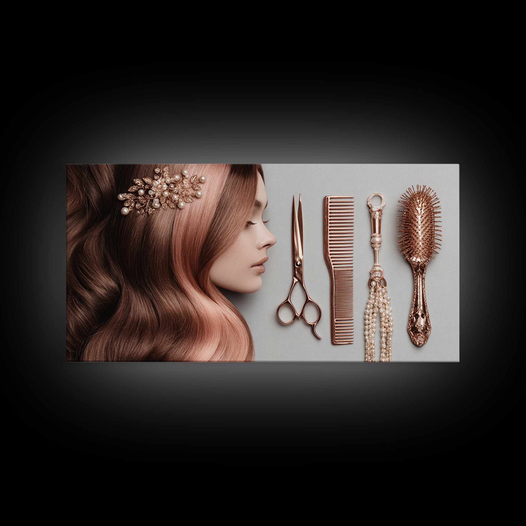 Rose Gold Salon Tool Still Life Framed Canvas Print, Hair Salon Art, Luxury Decor, Living Room Decor, Fine Art, Style, HSA-2x1-34