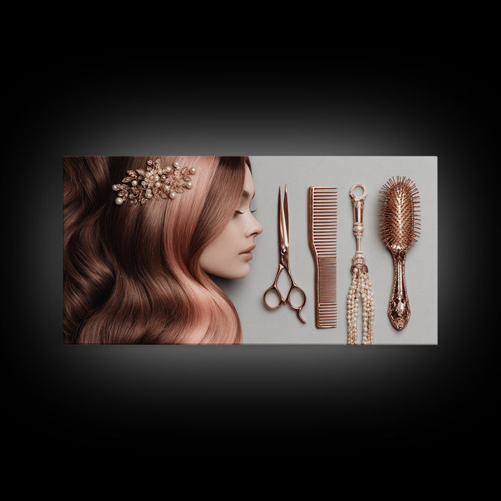 Rose Gold Salon Tool Still Life Framed Canvas Print, Hair Salon Art, Luxury Decor, Living Room Decor, Fine Art, Style, HSA-2x1-34
