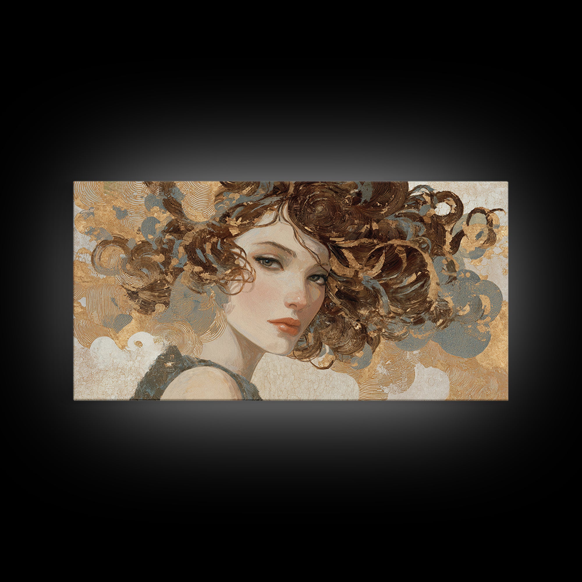 Curly Hair Portrait Framed Canvas Print, Hair Salon Art, Living Room Decor, Oil Painting, Style, Printable Art, HSA-2x1-35
