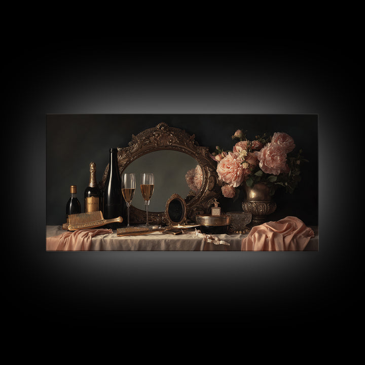 Baroque Mirror and Comb Still Life Framed Canvas Print, Hair Salon Art, Minimalist Decor, Living Room Decor, Fine Art, Style, HSA-2x1-37