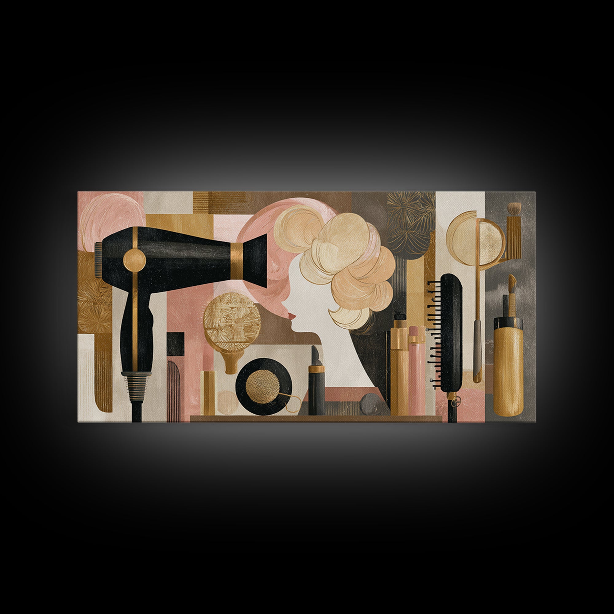Hairdryer and Brush Framed Canvas Print, Hair Salon Art, Art, Living Room Decor, Watercolor Art, Style, Black Art Prints, HSA-2x1-5