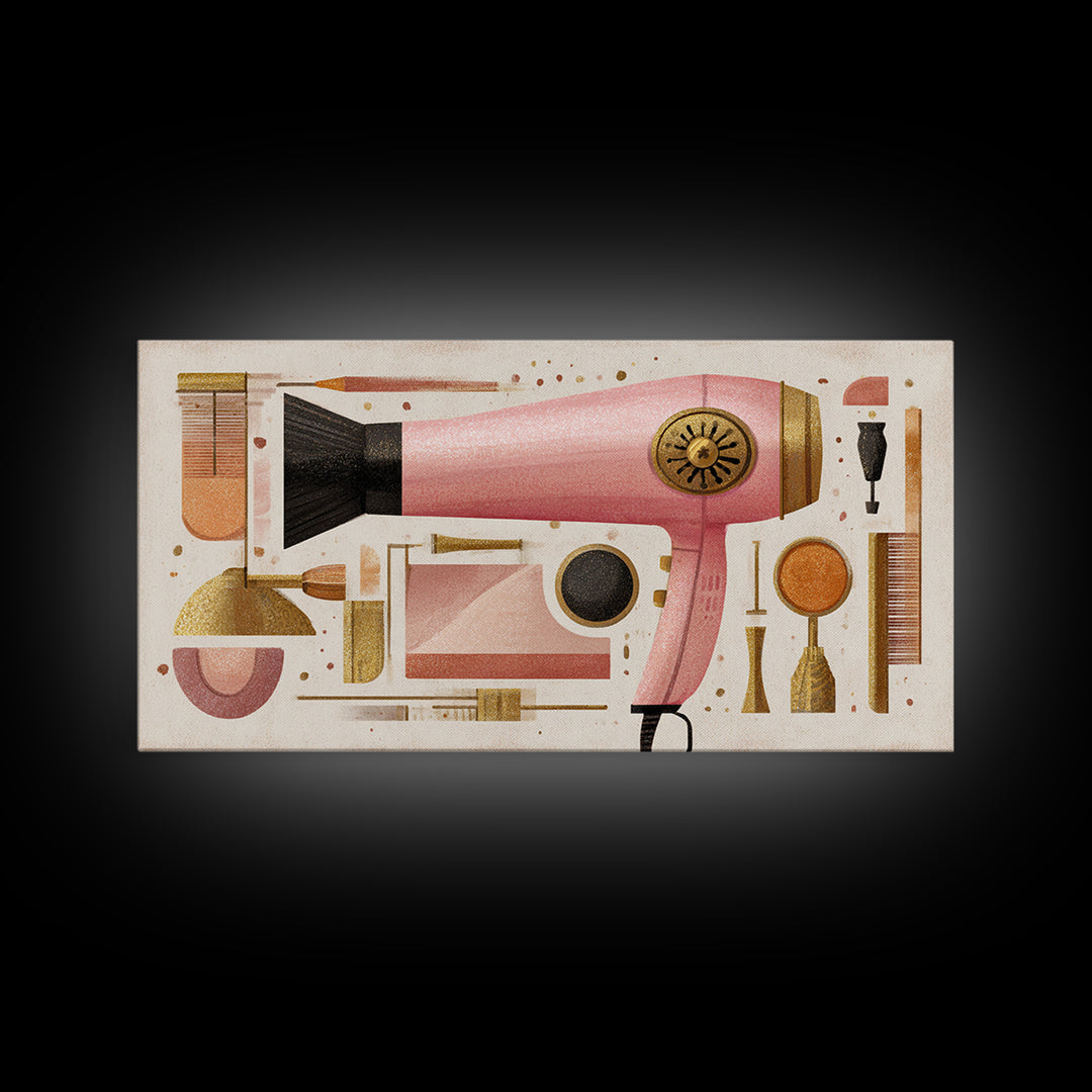 Hairdryer and Brush Canvas Print, Hair Salon Art, Metal Wall Art, Living Room Decor, Oil Painting, Style, Black and White Art, HSA-2x1-53