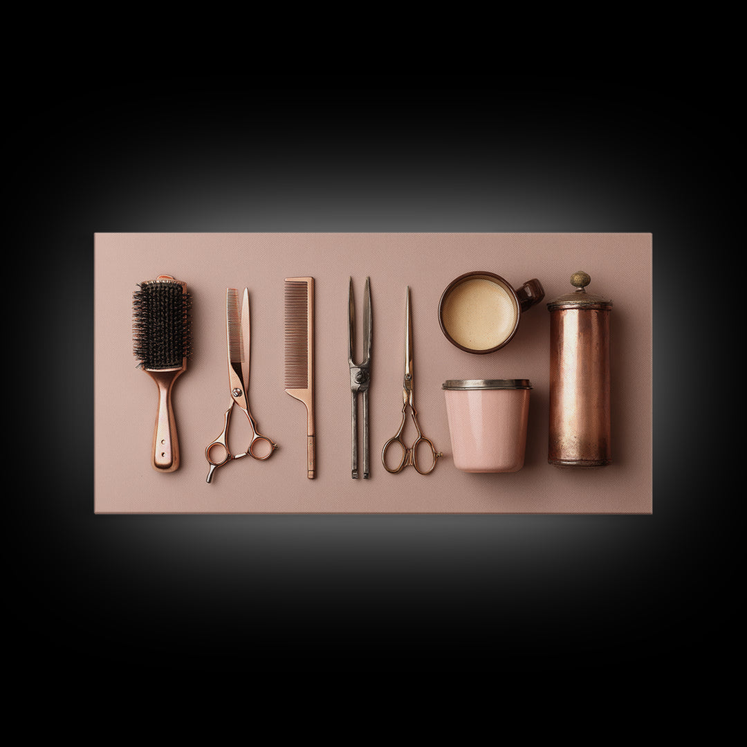 Rose Gold Salon Tool Still Life Canvas Print, Hair Salon Art, Wall Art, Living Room Decor, Fine Art, Style, Minimalist Wall Art, HSA-2x1-58