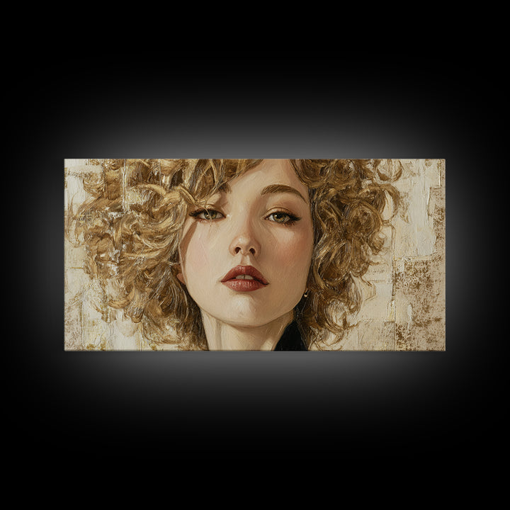 Curly Hair Portrait Framed Canvas Print, Hair Salon Art, Black and White Art, Living Room Decor, Fine Art, Style, Neutral Decor, HSA-2x1-59