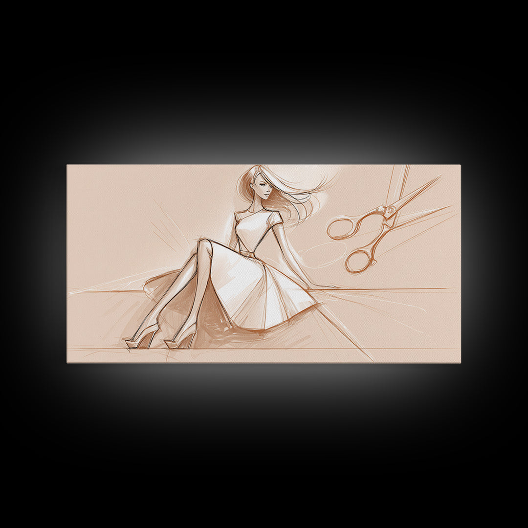 Black and White Line Art Salon Figure Framed Canvas Print, Hair Salon Art, Statement Artwork, Living Room Decor, Oil Painting, HSA-2x1-75