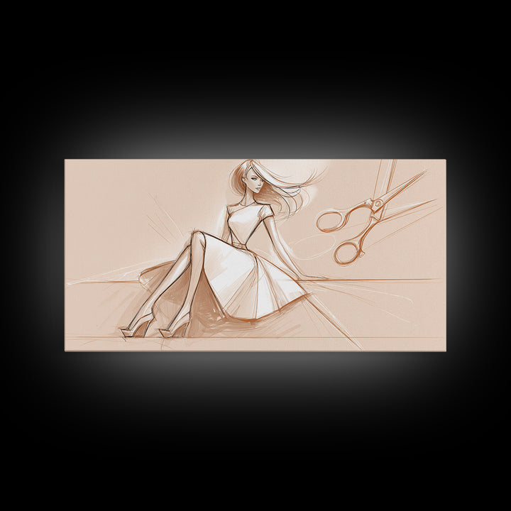 Black and White Line Art Salon Figure Framed Canvas Print, Hair Salon Art, Statement Artwork, Living Room Decor, Oil Painting, HSA-2x1-75