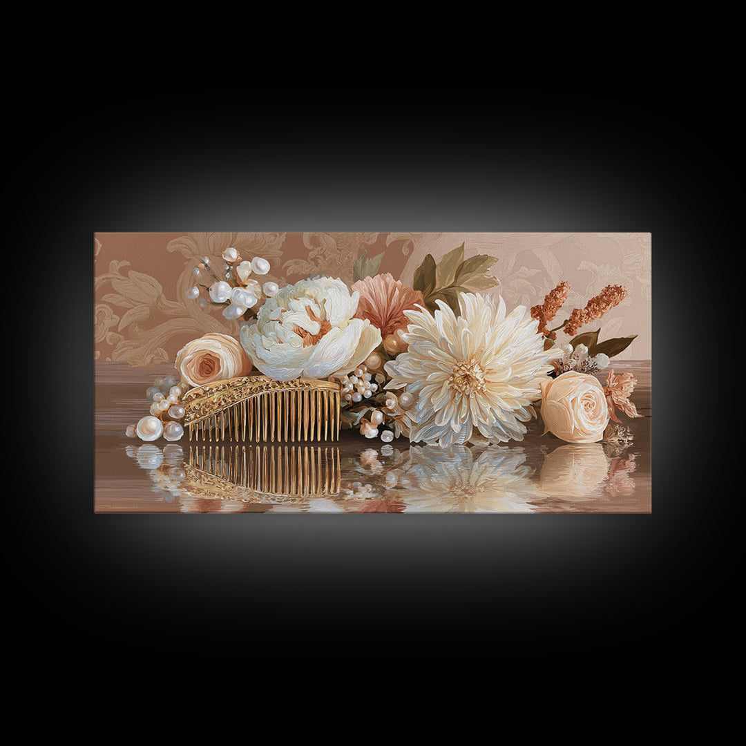 Baroque Mirror and Comb Still Life Framed Canvas Print, Hair Salon Art, Printable Art, Living Room Decor, Fine Art, Style, HSA-2x1-85