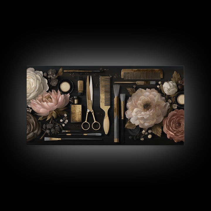 Luxury Black and Gold Beauty Emblem Framed Canvas Print, Hair Salon Art, African American Art, Living Room Decor, Oil Painting, HSA-2x1-92