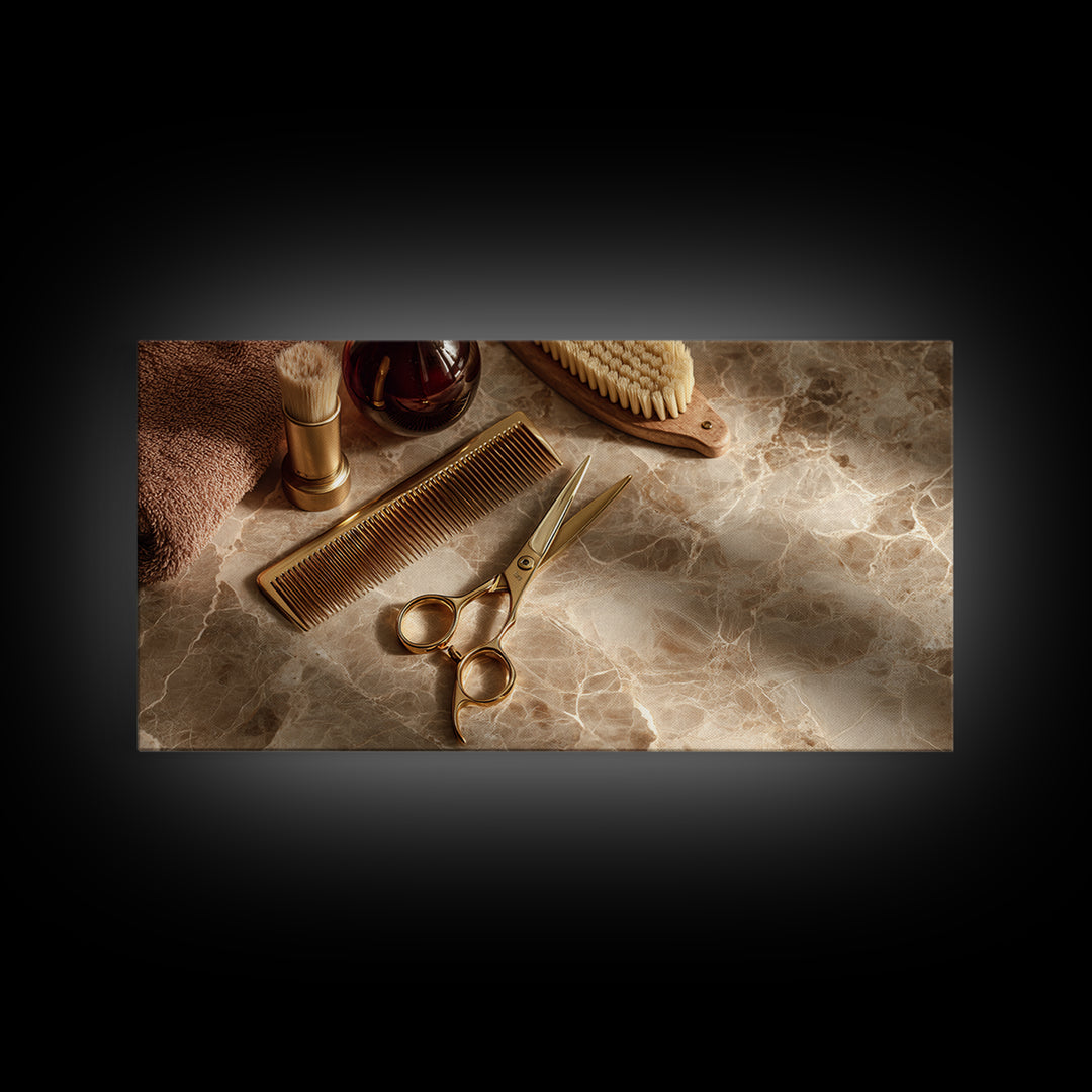 Gold Scissors and Comb Still Life on Canvas Print, Hair Salon Art, Wall Decor, Living Room Decor, Fine Art, Style, African Art, HSA-2x1-94
